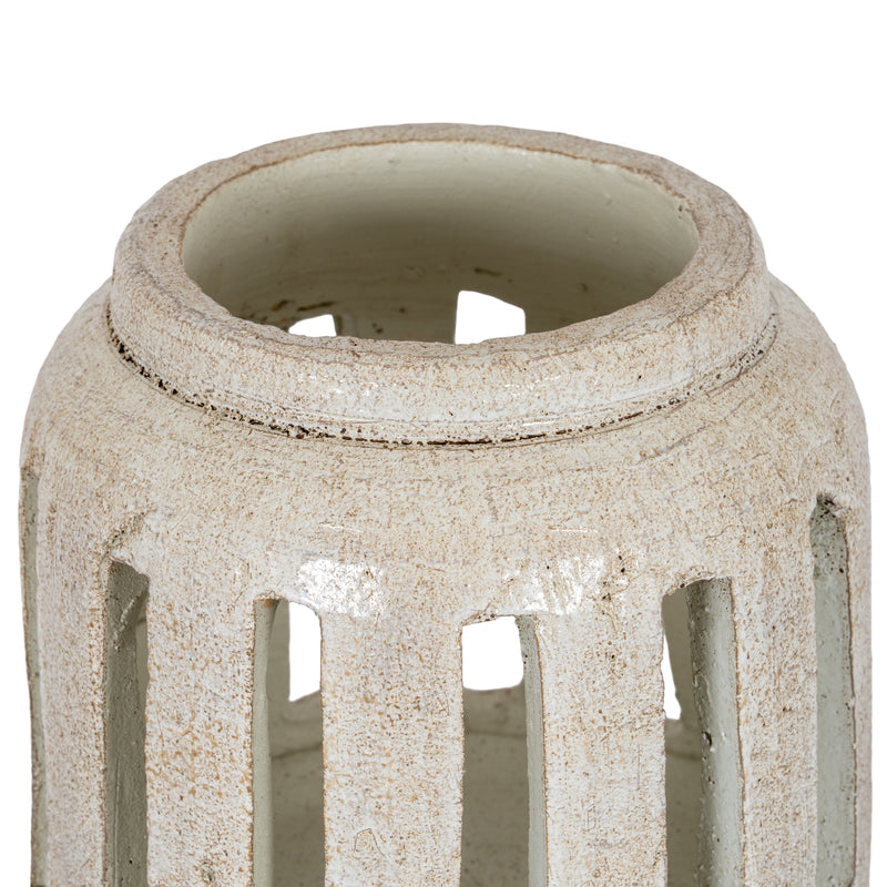 Wide White Ceramic Pillar Candle Holder – 24cm, open rim and rectangular cut-outs detail