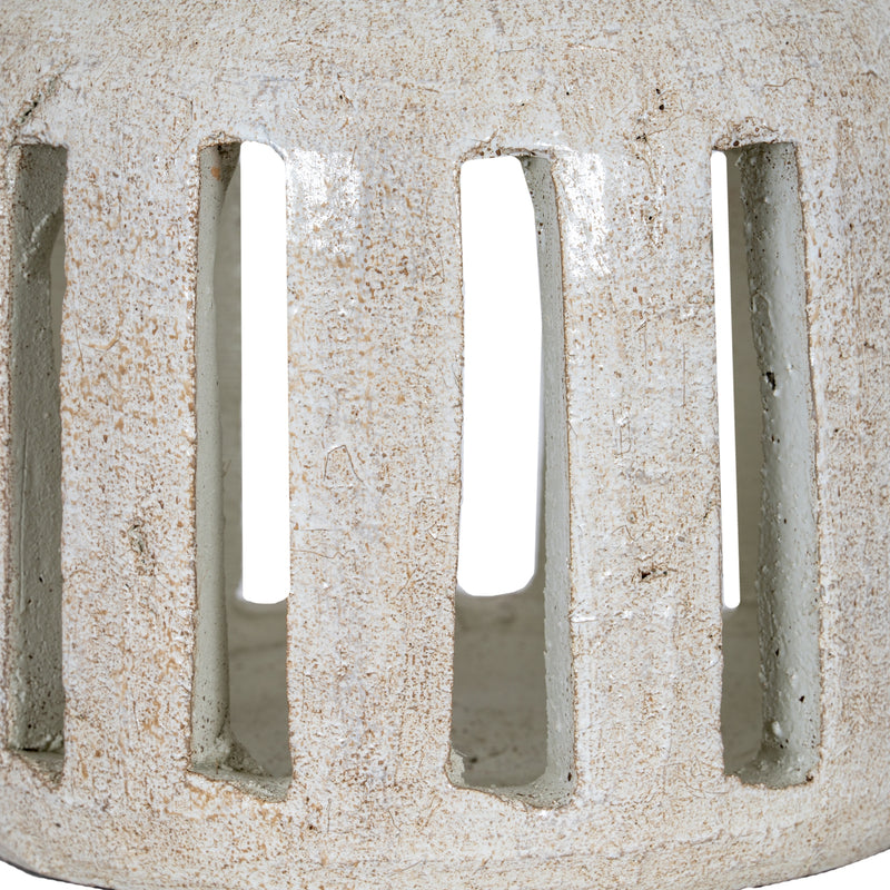 Wide White Ceramic Pillar Candle Holder – 24cm, white ceramic surface and cut-outs detail