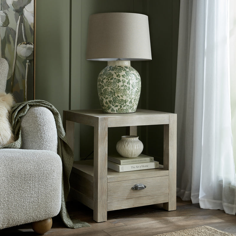 One-Drawer Wooden Side Table with Shelf – 60cm, side table styled beside an armchair with a lamp