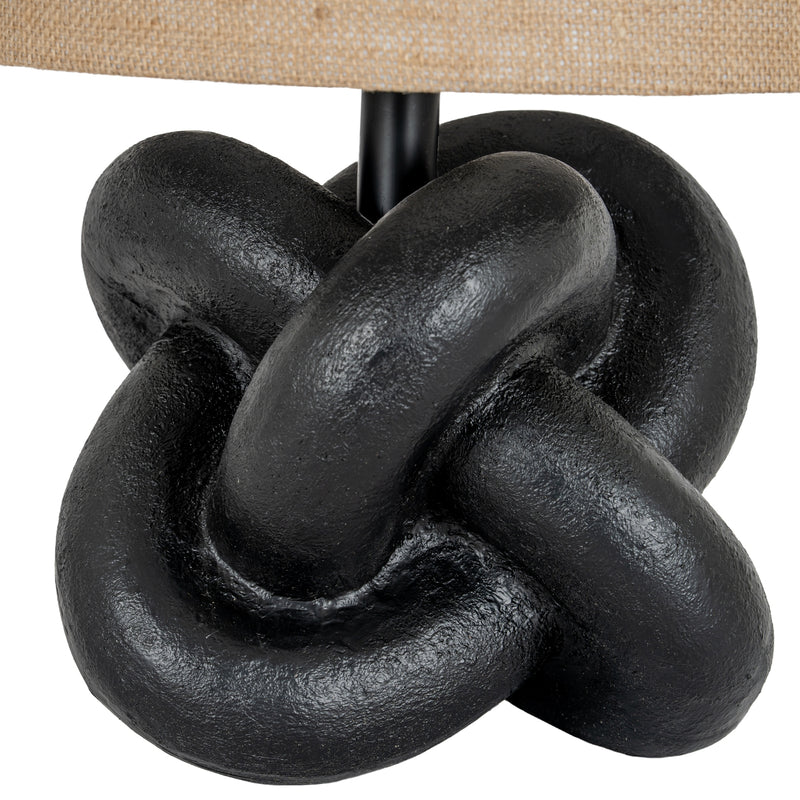 Black Knot Table Lamp with Hessian Shade – 51cm, sculptural knot base detail