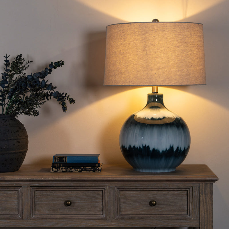 Ocean Shadows Glass Table Lamp with Linen Shade – 63.5cm, styled illuminated view