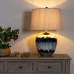 Midnight Shadows Glass Table Lamp with Linen Shade – 61cm, styled illuminated view