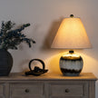 Midnight Shadows Squat Glass Table Lamp with Linen Shade – 54cm, styled illuminated view