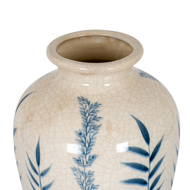 Blue & White Floral Ceramic Vase – 31cm, open neck and rim detail