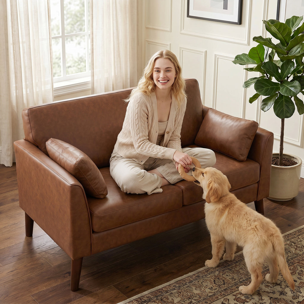 2 Seater Sofa, 132 cm Modern Small Sofa with Solid Wood Legs and 2 Pillows for Small Space, Brown