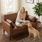 2 Seater Sofa, 132 cm Modern Small Sofa with Solid Wood Legs and 2 Pillows for Small Space, Brown