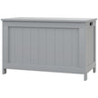 Grey wooden storage chest with hinged lid and cut-out handles