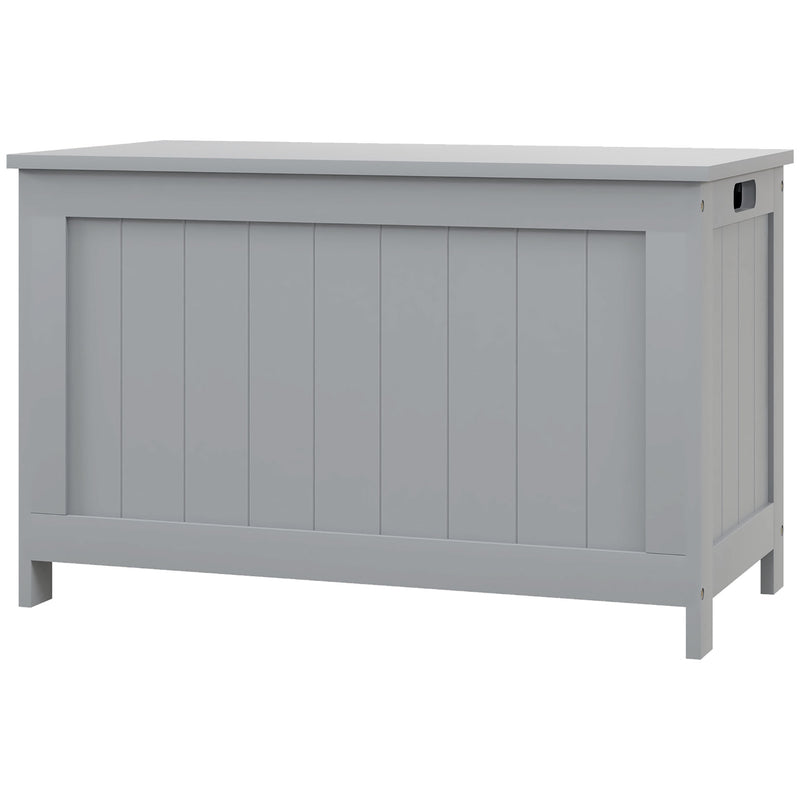 Grey wooden storage chest with hinged lid and cut-out handles