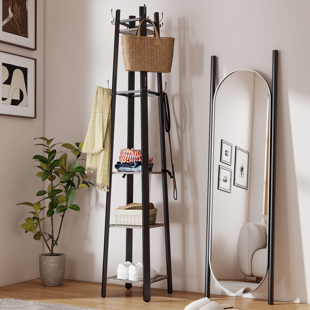 Industrial-Style Four Shelf Coat Stand - Grey/Black