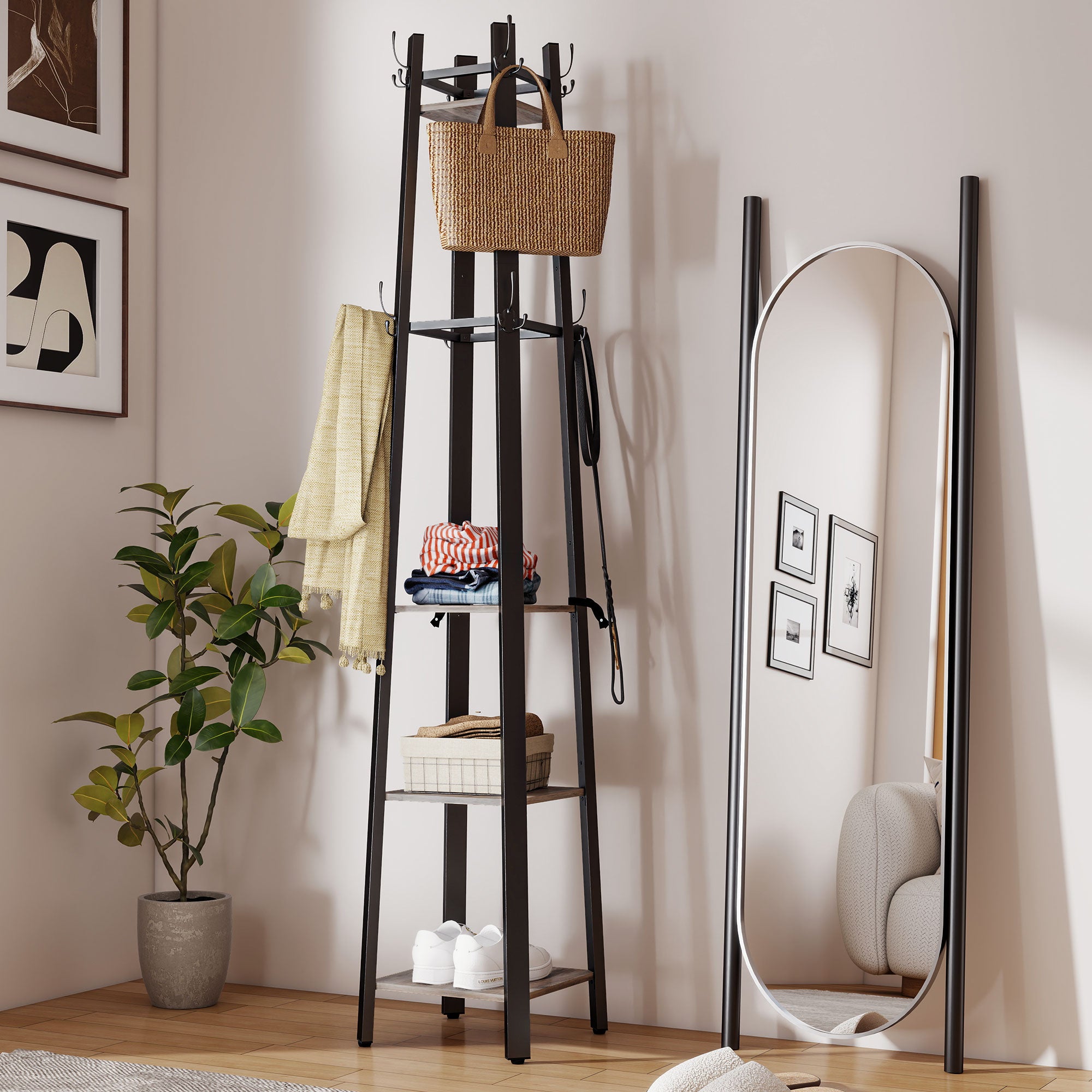 Industrial-Style Four Shelf Coat Stand - Grey/Black