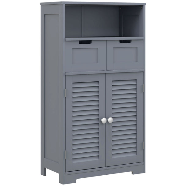 Grey bathroom storage unit with open shelf, two drawers and louvred double-door cupboard