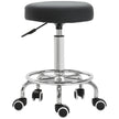 Black round PU leather rolling stool with footrest and five castor wheels