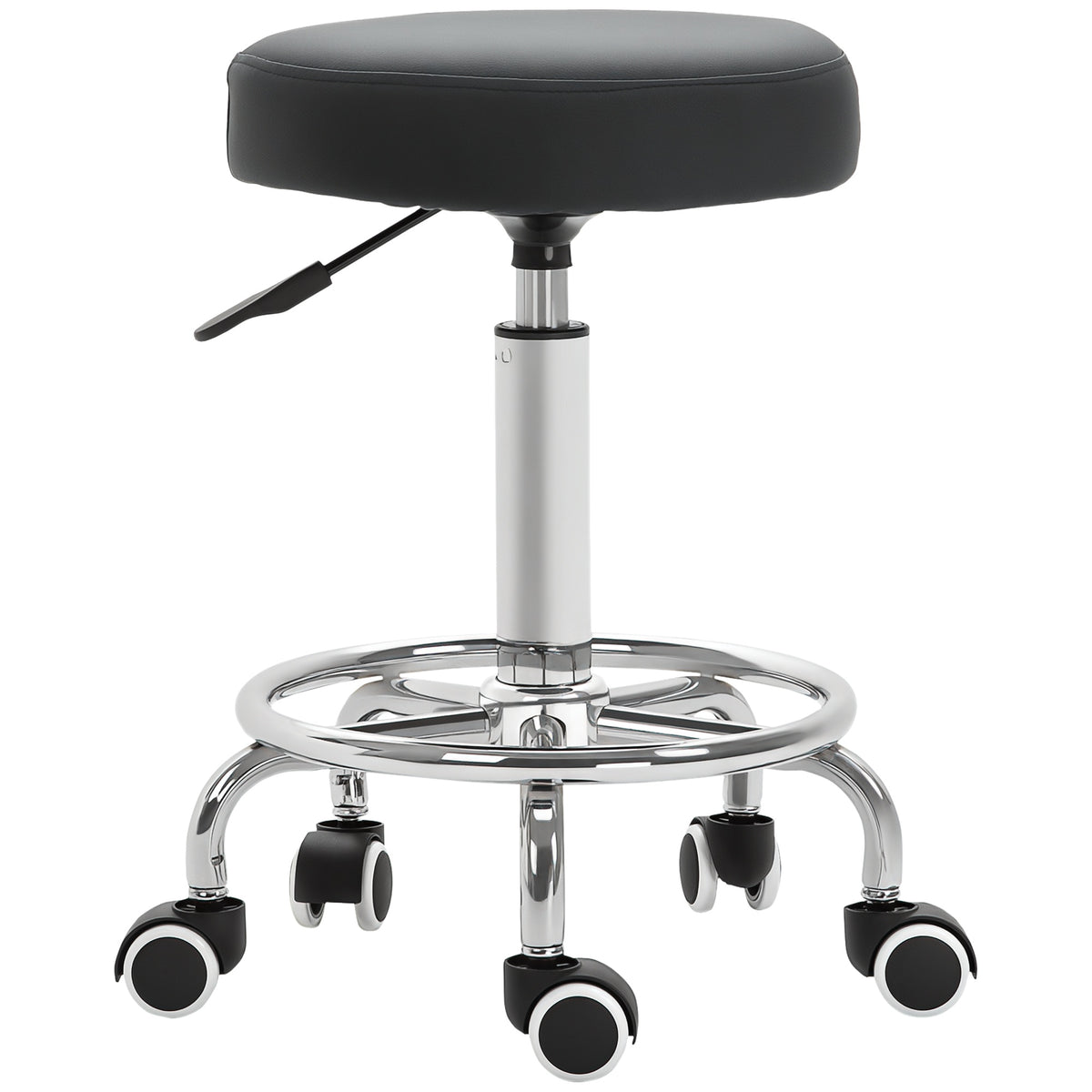Black round PU leather rolling stool with footrest and five castor wheels