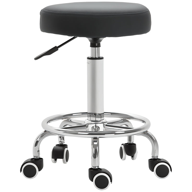 Black round PU leather rolling stool with footrest and five castor wheels