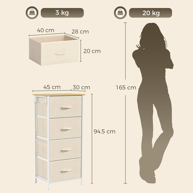 HOMCOM Chest of Drawers with 4 Fabric Drawers, Tall Storage Unit with 2 Hooks and Steel Frame for Bedroom, Beige – view 3