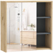 Wood-effect wall-mounted mirror cabinet with two mirrored doors and three open side shelves