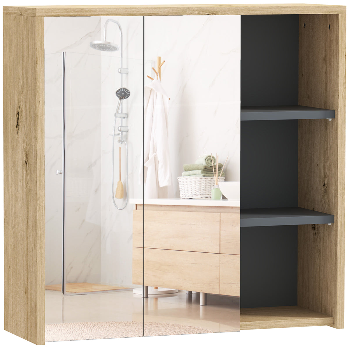 Wood-effect wall-mounted mirror cabinet with two mirrored doors and three open side shelves
