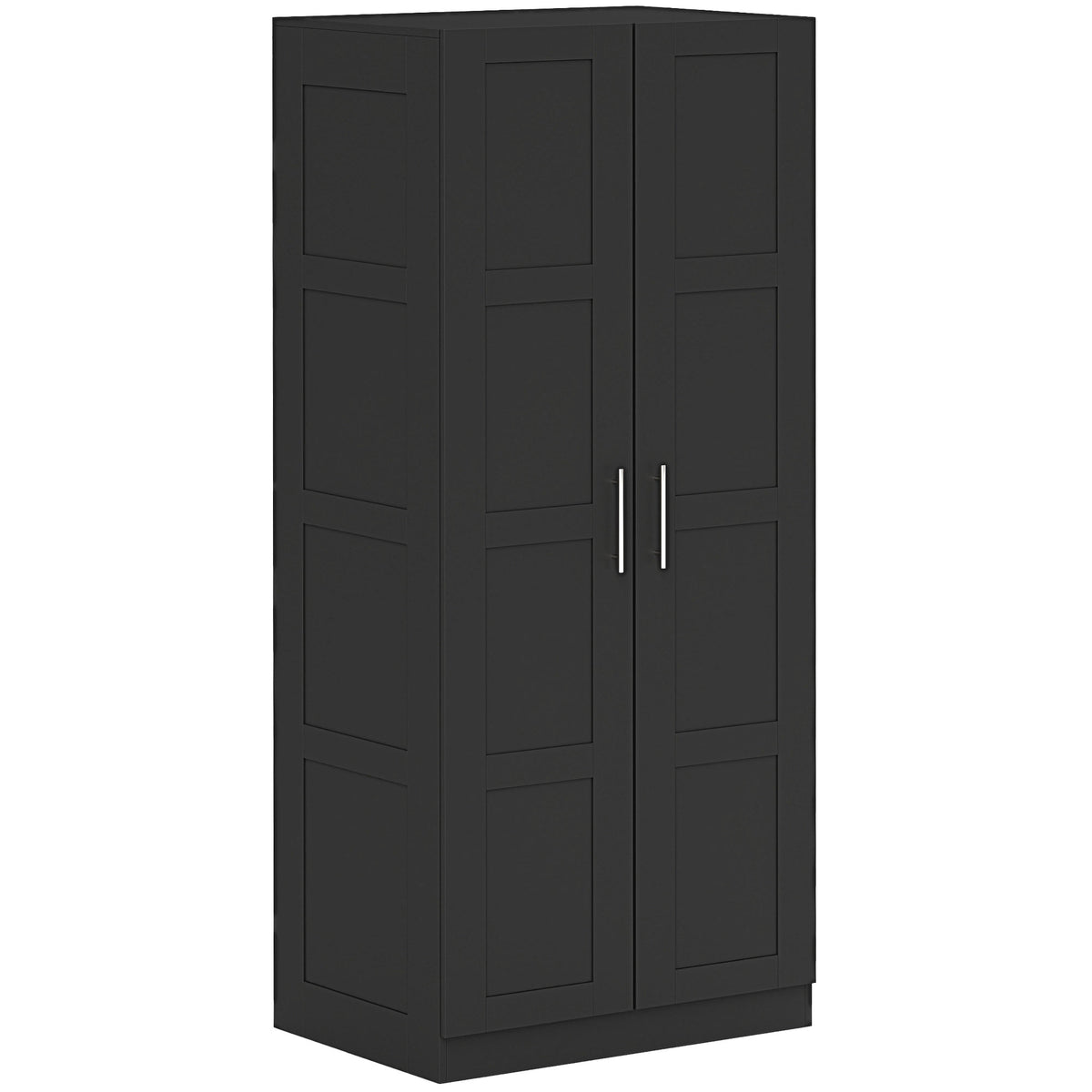 Black double wardrobe with panel doors and silver-tone handles