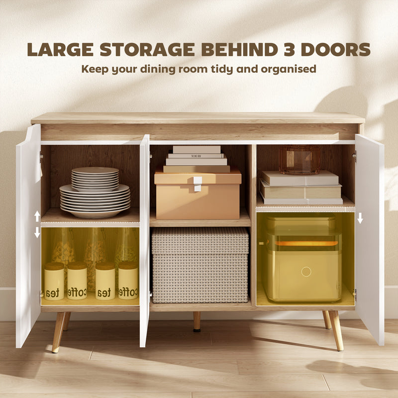 HOMCOM Sideboard Storage Cabinet, Kitchen Cupboard with 3 Doors, 2 Adjustable Shelves and 5 Rubberwood Legs, White and – view 5