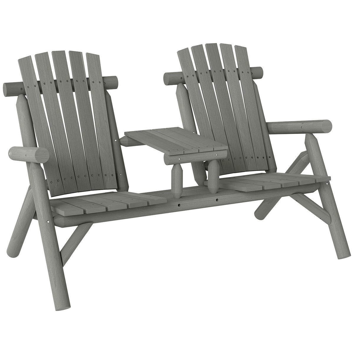 Grey wooden 2-seater garden bench with built-in centre table and slanted high back