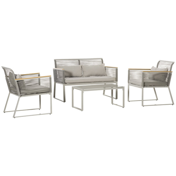 Grey 4-piece rattan sofa set with loveseat, two armchairs with wood-top armrests and glass coffee table