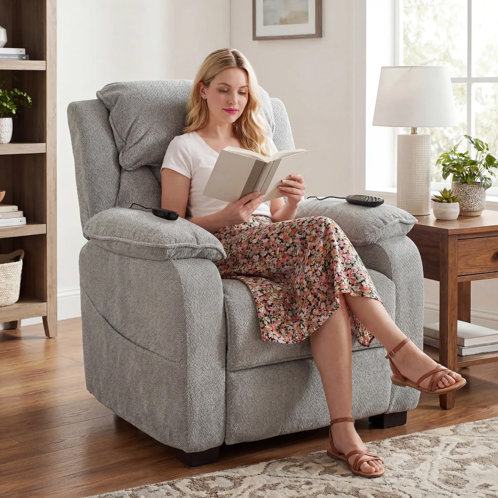 Power Recliner Armchair with Massage and Heat, Electric Reclining Chair with Wide Spring Seat, Light Grey