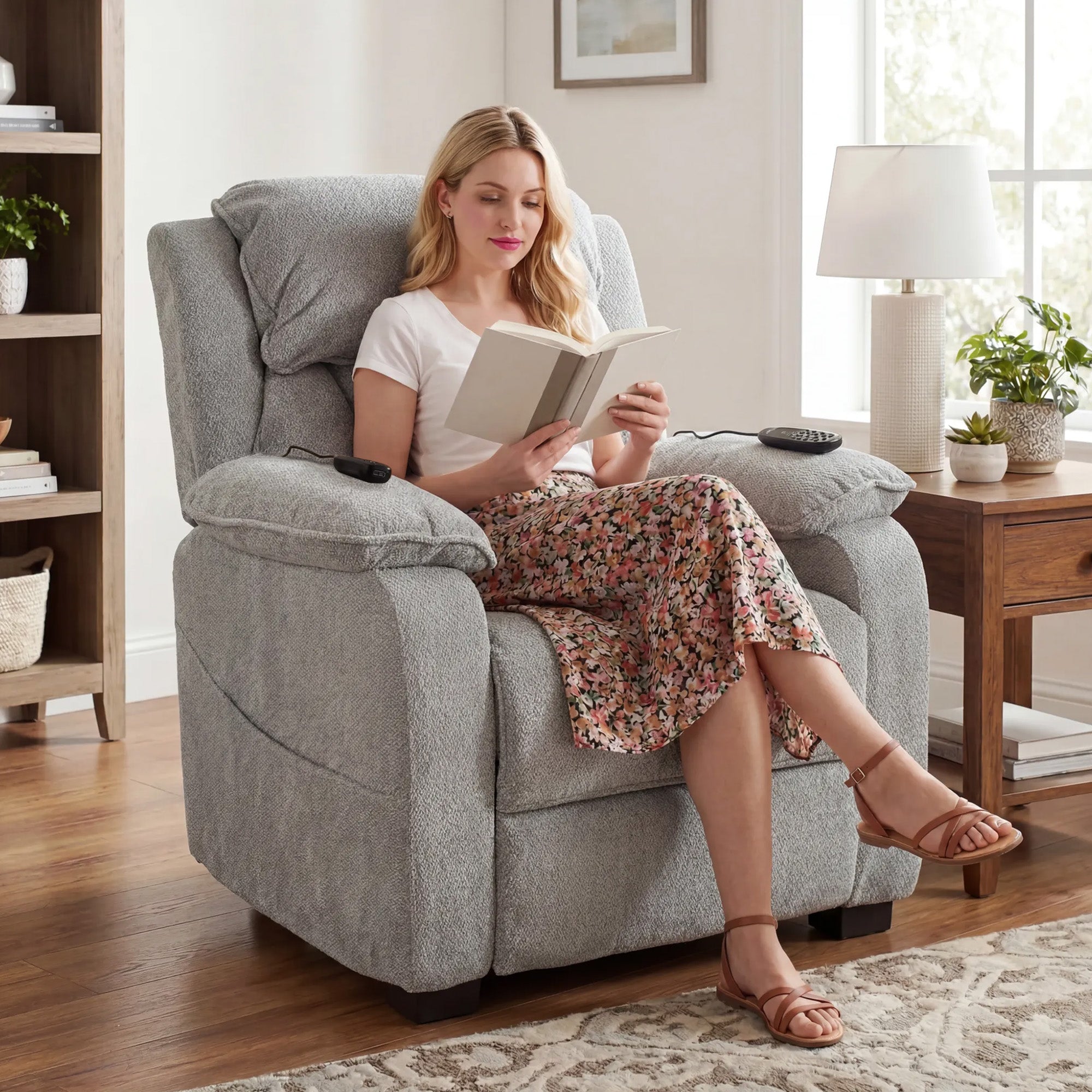 Power Recliner Armchair with Massage and Heat, Electric Reclining Chair with Wide Spring Seat, Light Grey