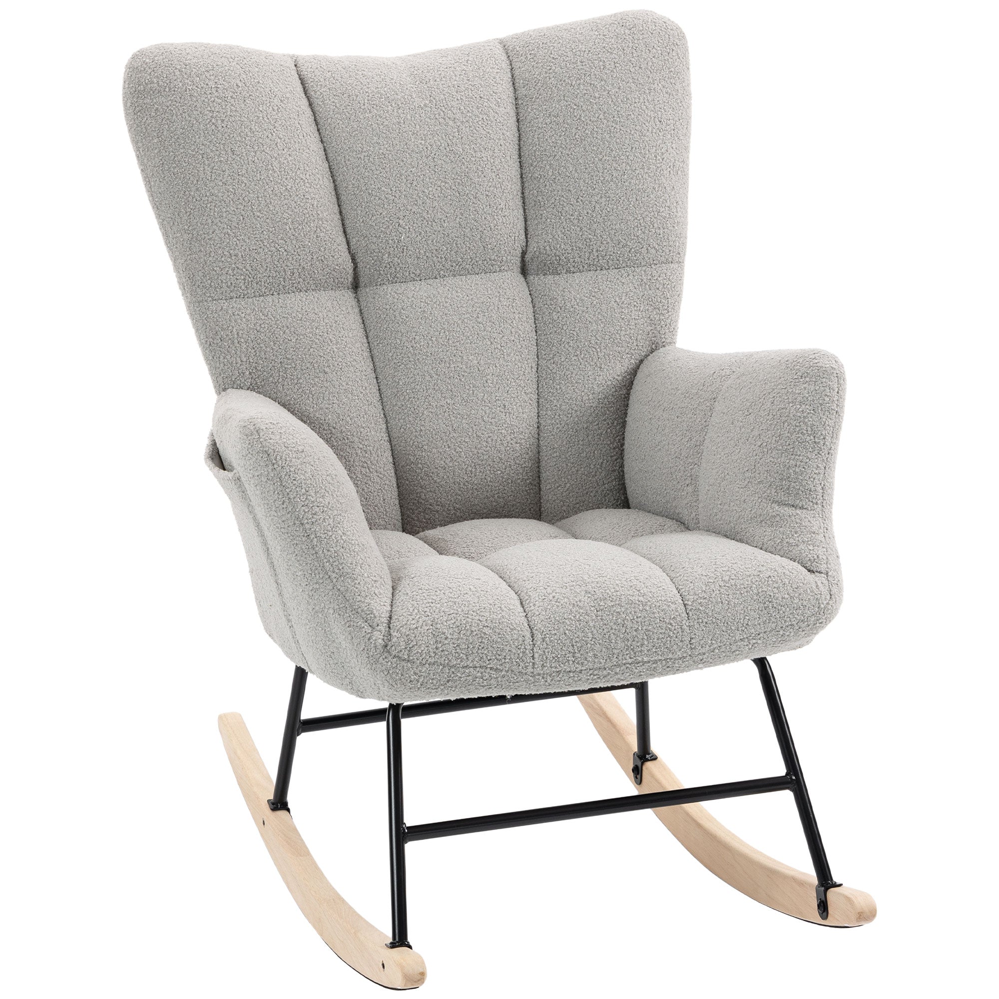 Rocking Chair, Teddy Fleece Rocker Chair with Tufted Wingback, Side Pockets, Rubber Wood Legs, Light Grey