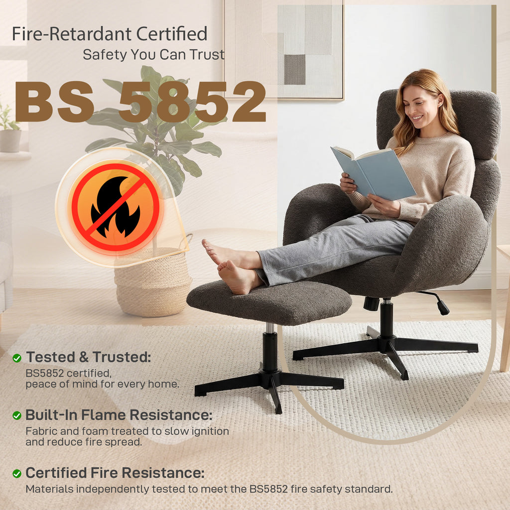 Swivel Armchair and Footstool Set, Height Adjustable Accent Chair with Adjustable Headrest, Rocking Function, Light Brown