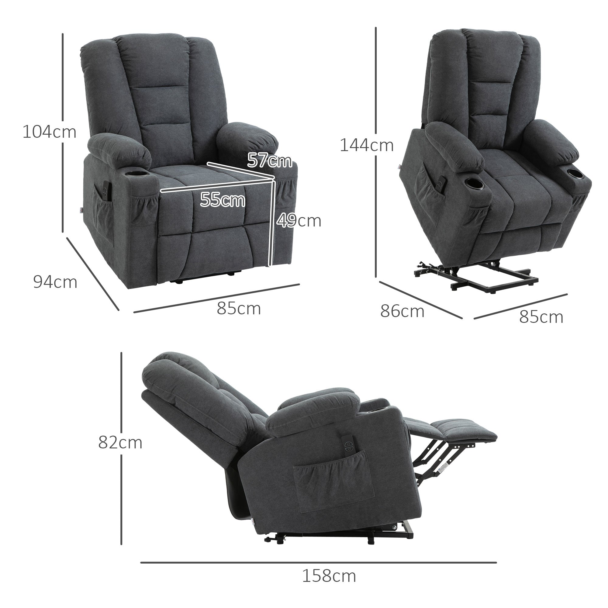 HOMCOM Electric Riser Recliner Armchairï¼ Oversized Chair with Cup Holder & Side Pockets for Elderly in Living Room, Charcoal Grey