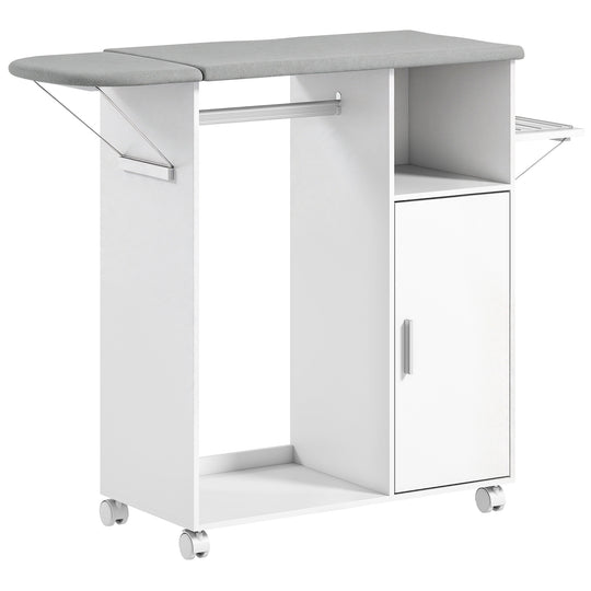 HOMCOM Rolling Ironing Board Cabinet, Foldable Ironing Station with Storage, Wheels for Home, Laundry Room, White