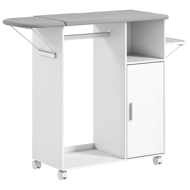 HOMCOM Rolling Ironing Board Cabinet, Foldable Ironing Station with Storage, Wheels for Home, Laundry Room, White