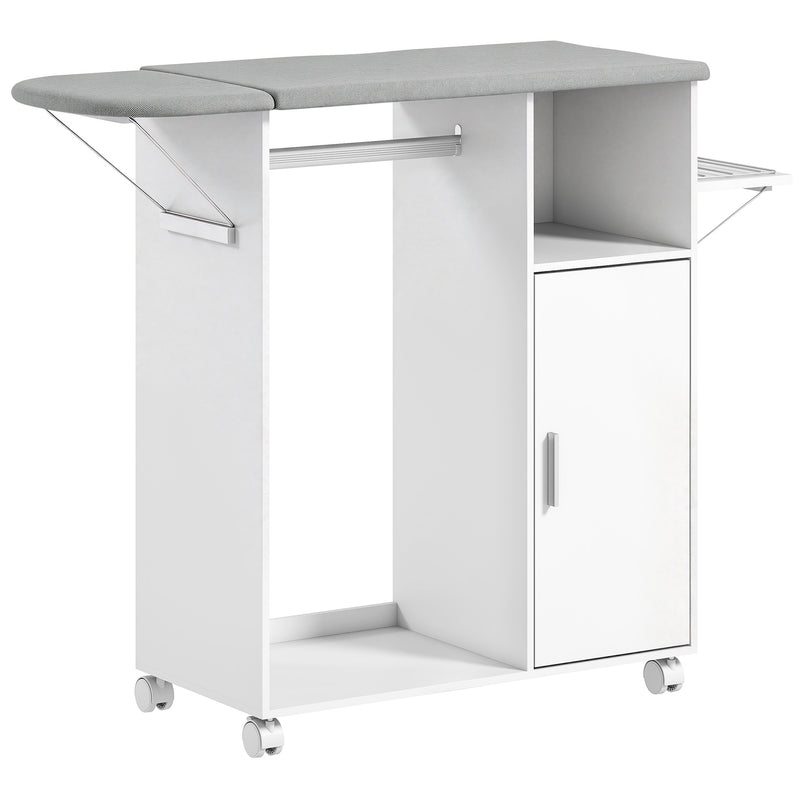 HOMCOM Rolling Ironing Board Cabinet, Foldable Ironing Station with Storage, Wheels for Home, Laundry Room, White