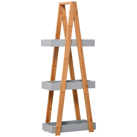 Slim natural 3-tier A-frame bathroom shelf with tray shelves and top carry handle