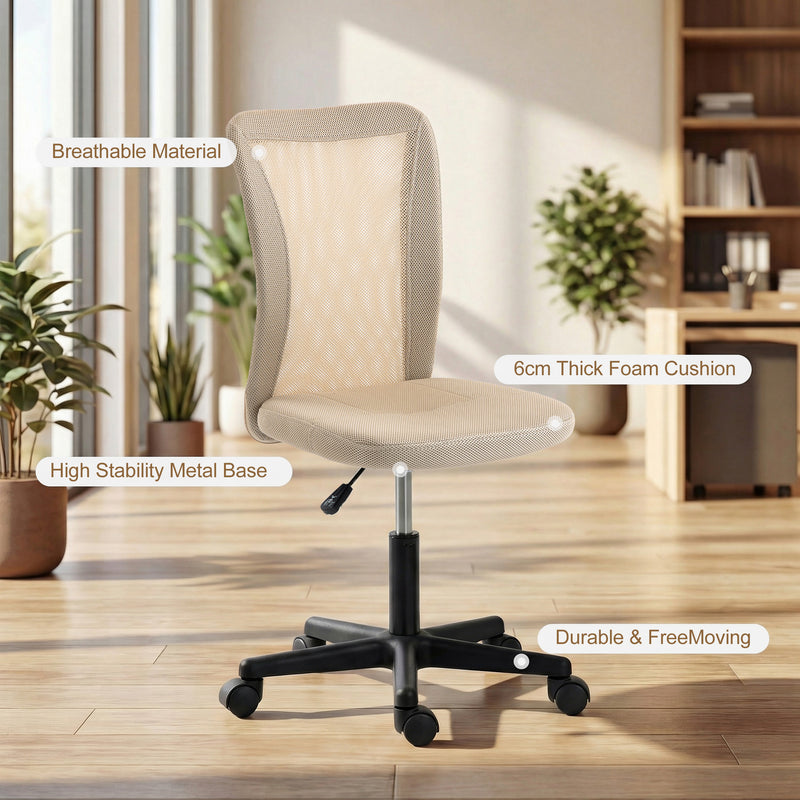 Vinsetto Computer Desk Chair, Mesh Office Chair with Adjustable Height and Swivel Wheels, Armless Study Chair, Beige – view 4
