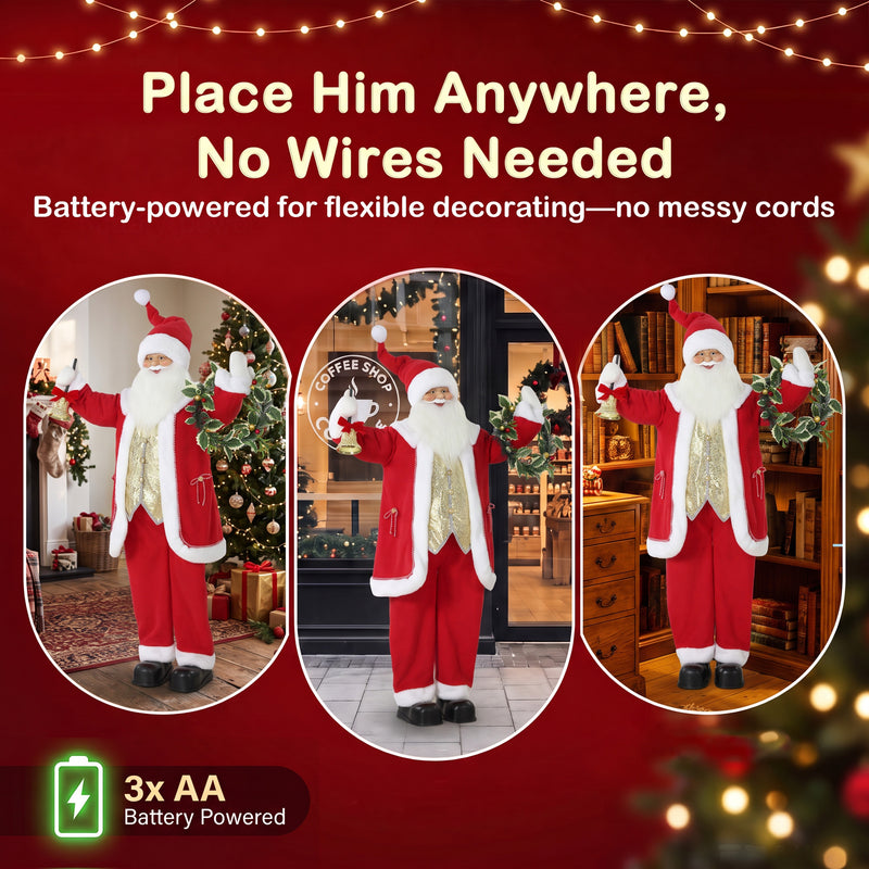 Santa figure displayed beside a Christmas tree