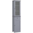 Tall slim grey bathroom cabinet with clear acrylic display door, drawer and bottom cupboard