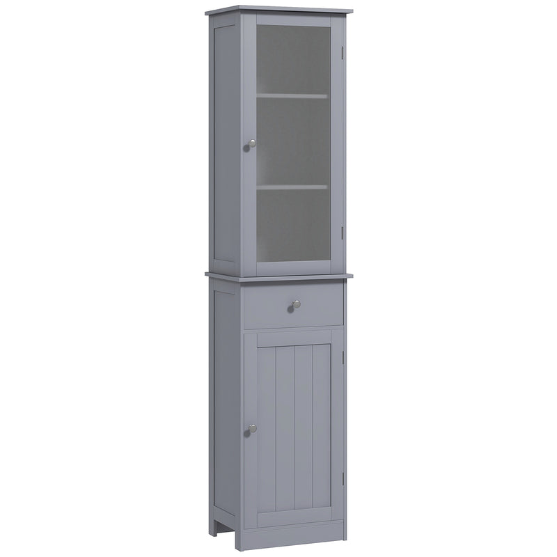 Tall slim grey bathroom cabinet with clear acrylic display door, drawer and bottom cupboard