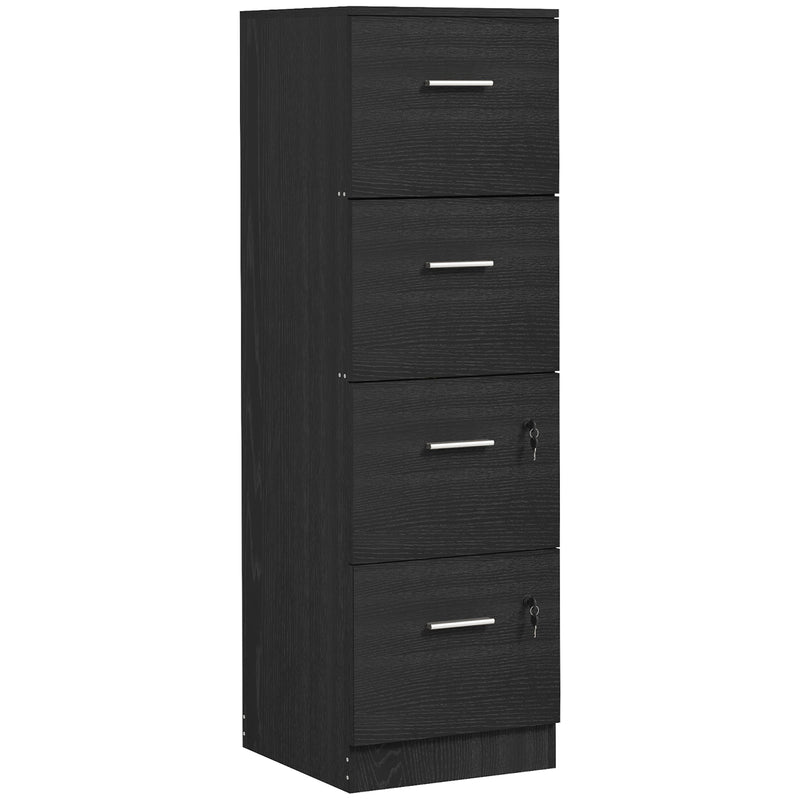 Tall black wood-effect four-drawer filing cabinet with two lockable bottom drawers