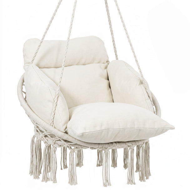 Outsunny Hanging Chair Outdoor Hammock Chair with Soft Cushion, Cotton Rope Boho Style Swing Chair, Hanging Garden