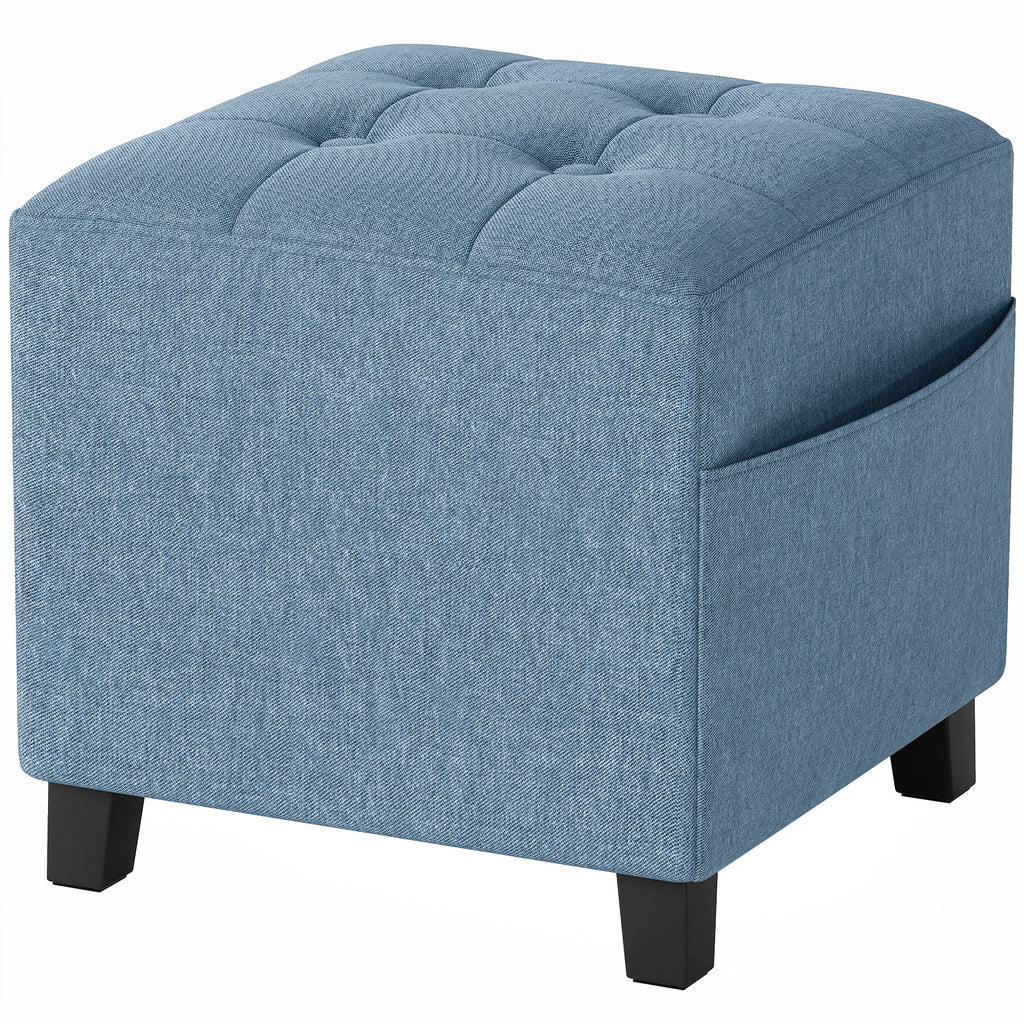 Small Ottoman, Square Footstool with Side Pocket, Rubber Wood Legs and Padded Seat for Living Room, Dark Blue
