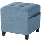 Small Ottoman, Square Footstool with Side Pocket, Rubber Wood Legs and Padded Seat for Living Room, Dark Blue