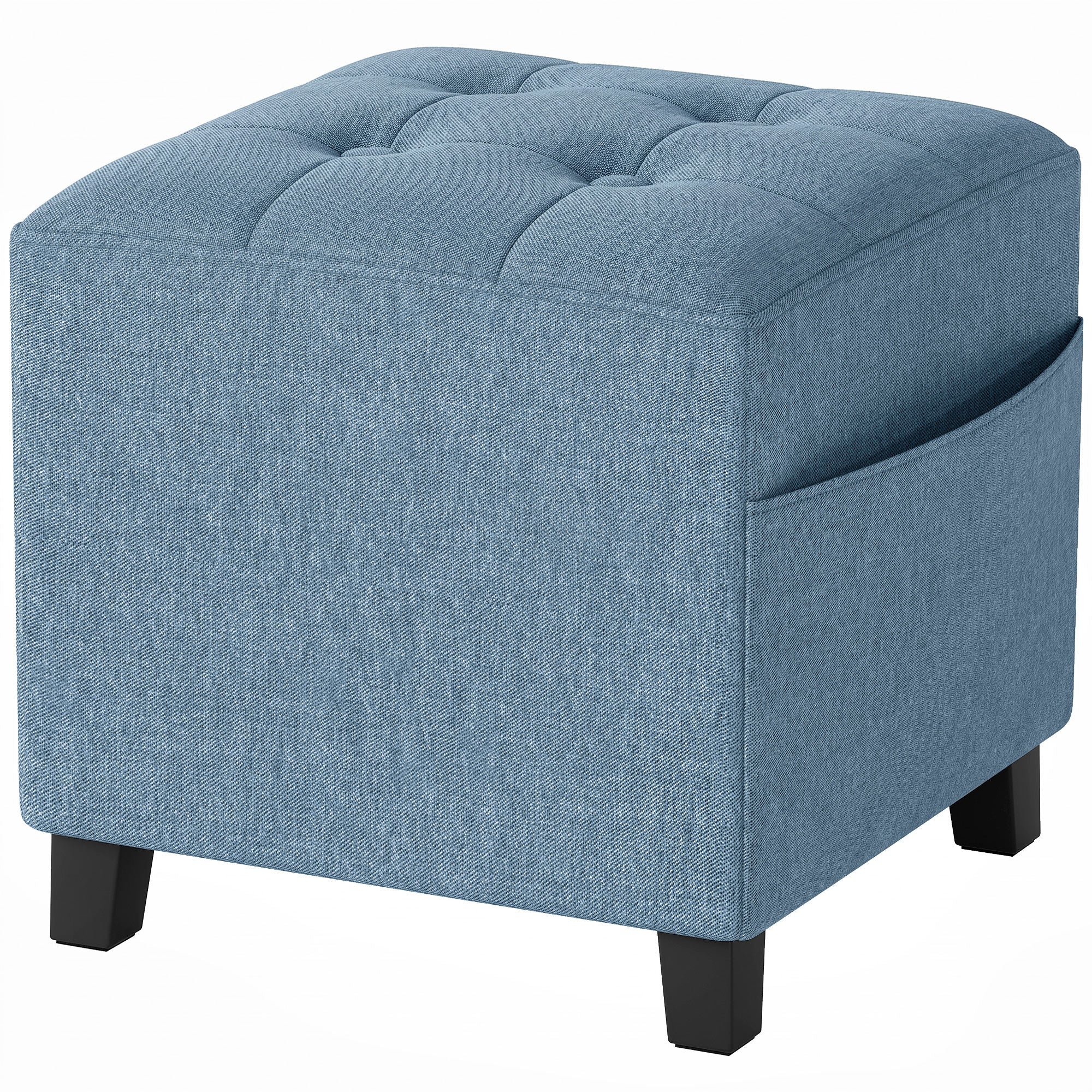 Small Ottoman, Square Footstool with Side Pocket, Rubber Wood Legs and Padded Seat for Living Room, Dark Blue
