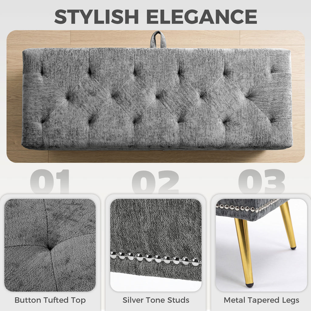 Storage Ottoman, Chenille Upholstered Ottoman Storage Box with Padded Seat, Metal Legs, 114 x 41 x 45 cm, Grey