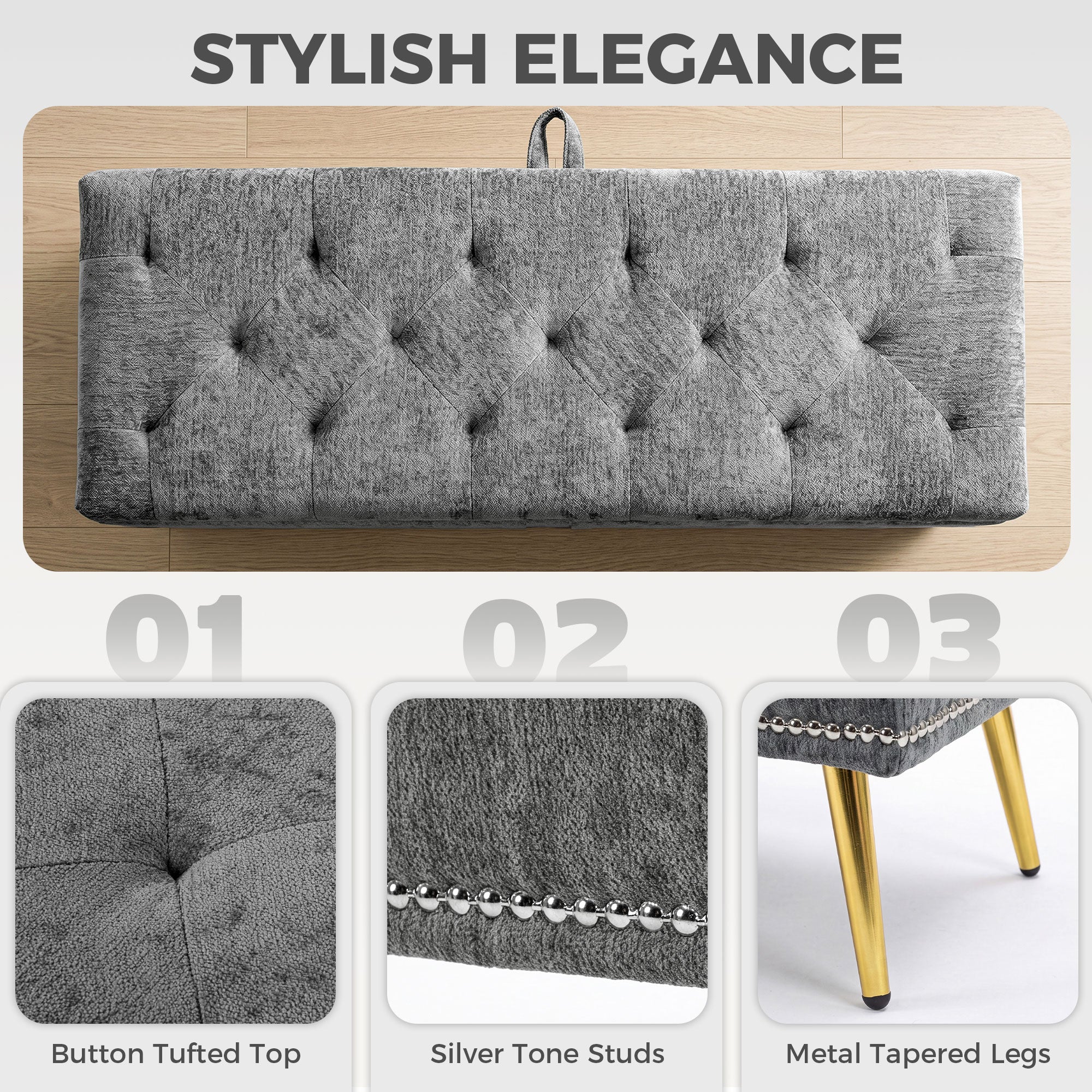 Storage Ottoman, Chenille Upholstered Ottoman Storage Box with Padded Seat, Metal Legs, 114 x 41 x 45 cm, Grey