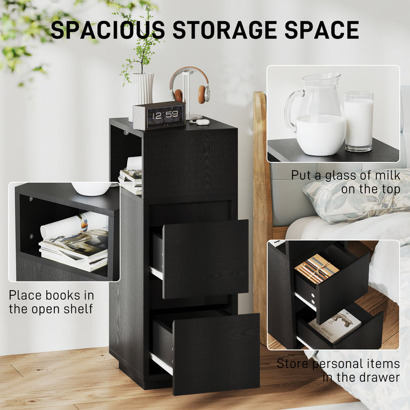 HOMCOM Slim Bedside Table, Narrow Bedside Cabinet with Open Shelf and 2 Drawers for Bedroom, Living Room, Black – view 4