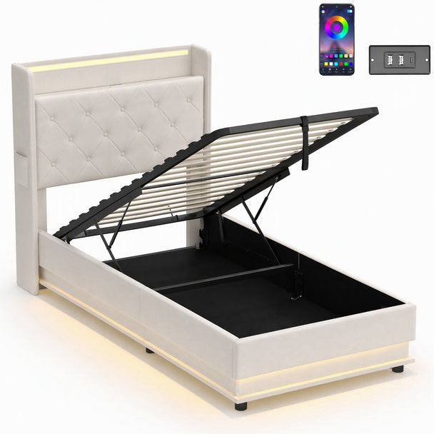 Cream 3ft single ottoman storage bed with cushioned headboard, LED lights and lifted storage base