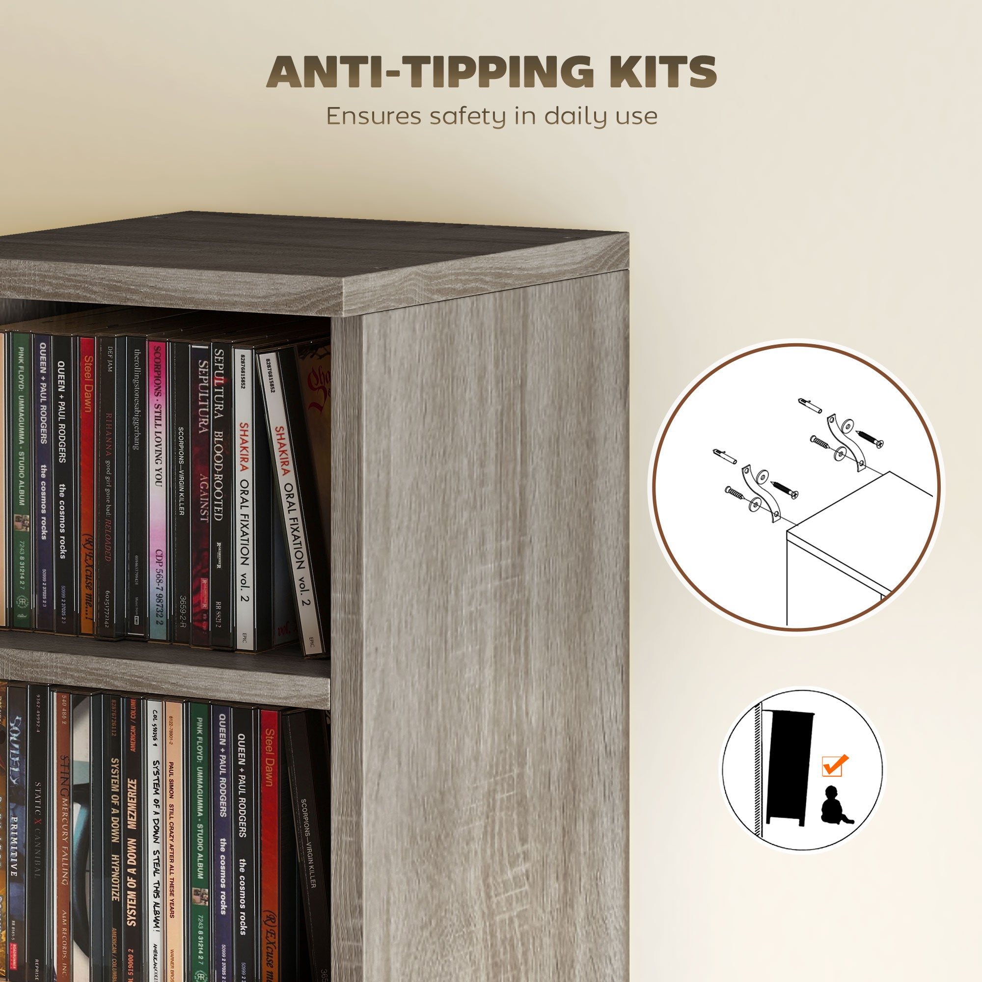 Set of 2 CD Media Display Shelf Unit Tower Rack with Adjustable Shelves, Distressed Grey
