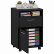 Black mobile filing cabinet with open top shelf, two drawers and lockable wheels