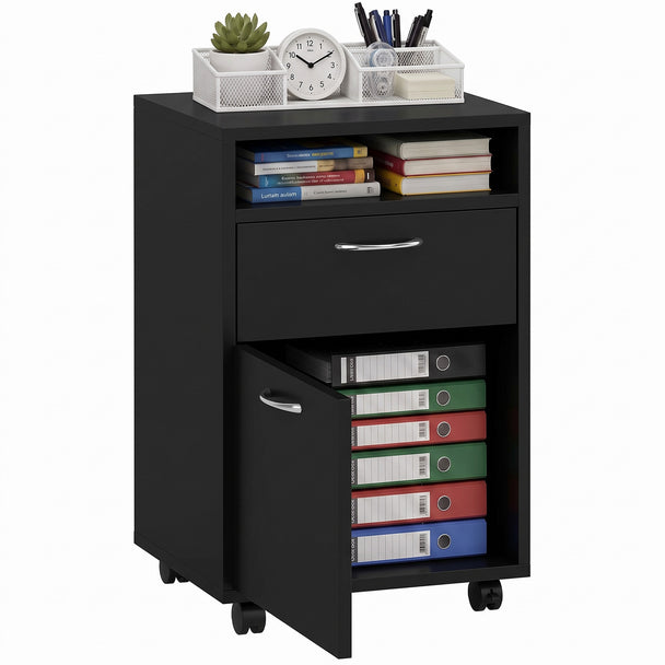 Black mobile filing cabinet with open top shelf, two drawers and lockable wheels